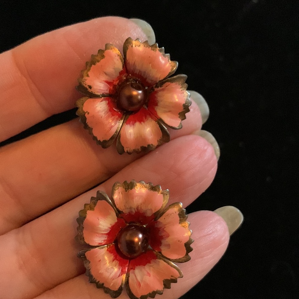 Vintage 50’s gold washed and painted sterling flower earrings w screw backs